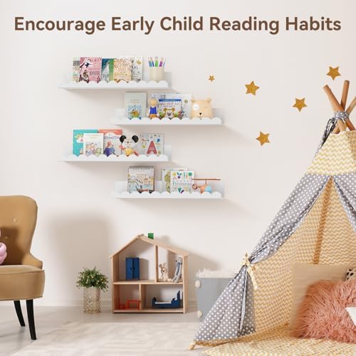4 Pack White Floating Shelves for Kids Room Wall Decor
