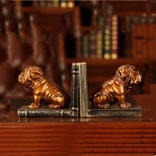 Dwysswyd Bulldog Bookends - Vintage Resin Shelf Guardians with Anti-Slip Base 1