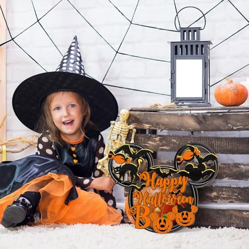 Halloween Mouse Door Sign Decor Spooky Wooden Sign with Black Cat and Bat Design