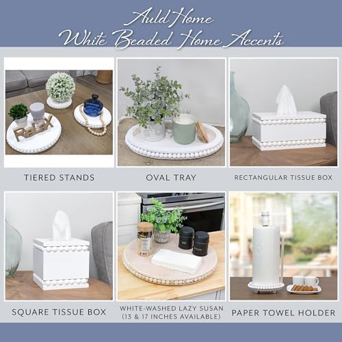 AuldHome Wood Beaded Tray White Decorative Oval
