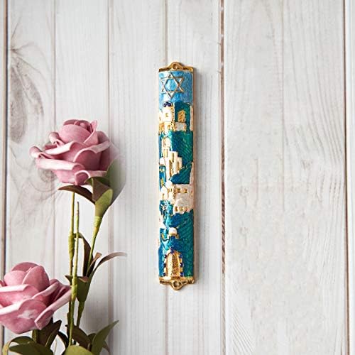 Matashi Jerusalem Cityscape Mezuzah with Gold Accents and Star of David Crystals