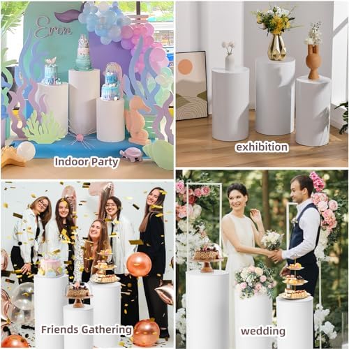 3Pcs White Cylinder Pedestal Stand with Spandex Covers for Parties and Events