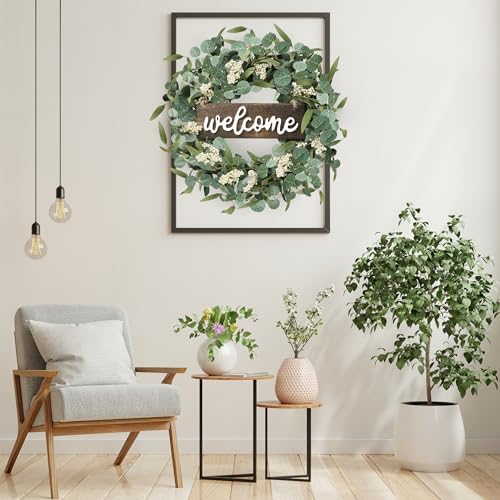 Sggvecsy Green Eucalyptus Wreath with Welcome Sign 20in Decor