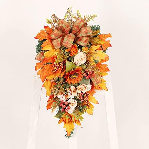 Harvest Teardrop Swag with Peonies and Maple Leaves