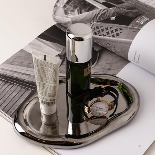CHENDECOR Silver Ceramic Vanity Tray Decorative Organizer