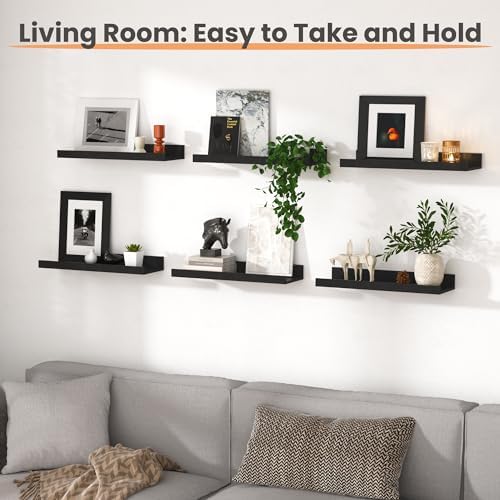 Upsimples Floating Shelves Set of 6 Black Wall Mounted Wood Shelves for Decor
