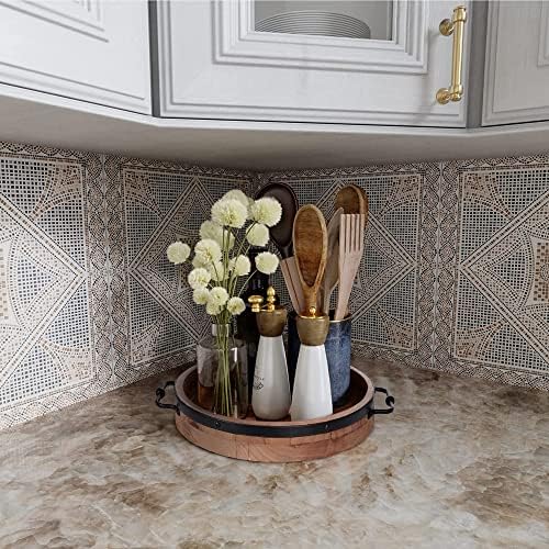 Round Coffee Table Tray with Metal Handles