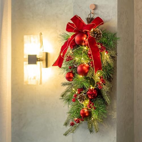 24 Inch Pre-Lit Teardrop Swag with Red Bow and Fairy Lights