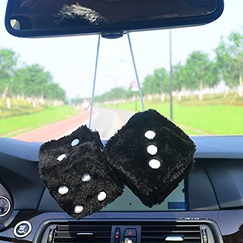 Pair 3 Inch Black with White Dots Mirror Fuzzy Dice