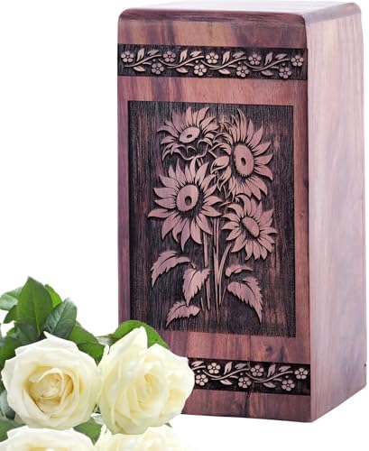 Wooden Sunflower Decorative Urns for Ashes - 5 Inch Keepsake Urns for Mom Dad