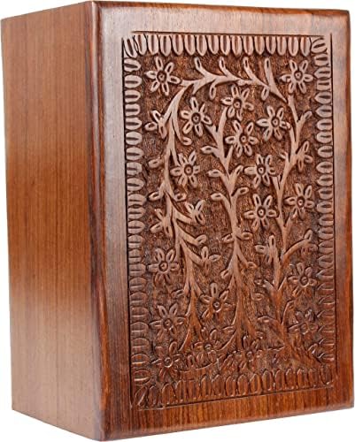 Hand Carved Wooden Urn Box - Cremation Urn for Human Ashes 7x5 Inch