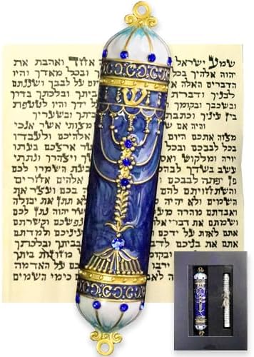 Exquisite Enamel Mezuzah with Scroll and Crystal Accents