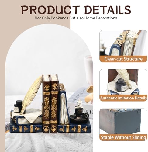 Vintage L Shaped Bookends with Feather Quill and Oil Lamp Design