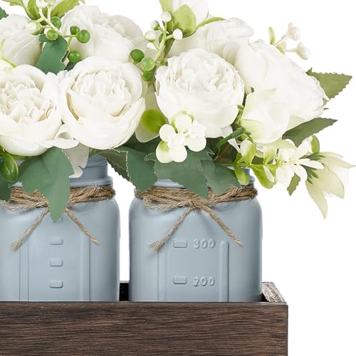 Mkono Decorative Wood Tray With 3 Painted Jars And Artificial Flowers