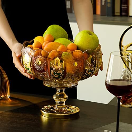 G Crystal Glass Fruit Bowl with Gold Accents and Floral Design