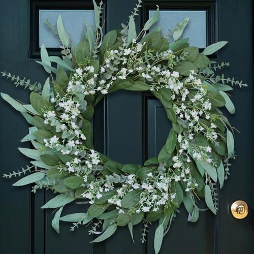 26 Inch Eucalyptus and Babys Breath Wreath for Front Door