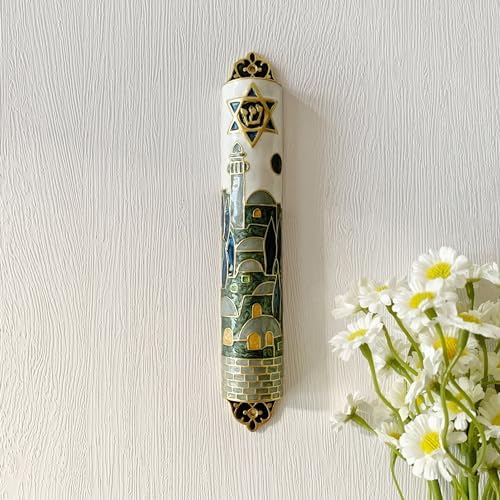 Hand Painted Mezuzah with Star of David and Jerusalem Motifs