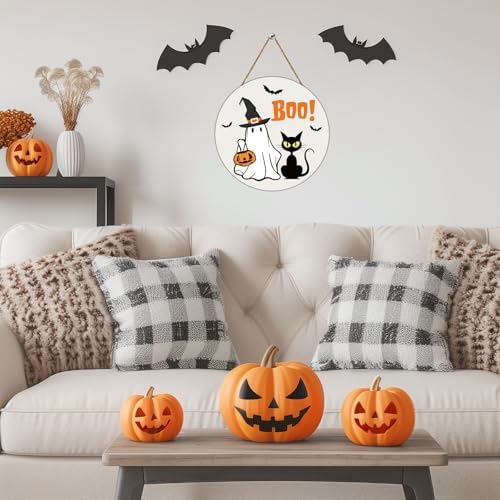 Halloween Door Wreath Cute Ghost Black Cat Front Door Decor