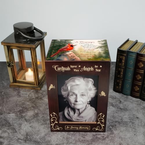 Wooden Cremation Urn with Photo Frame for Adult Ashes Cardinal Design