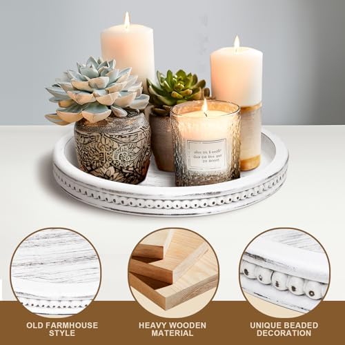 CEDARLUX Wooden Round Decorative Tray - Modern Farmhouse White Coffee Table Serving Tray