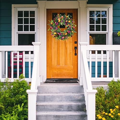 22 Inch Spring Summer Tulip Wreath with Purple Tassels and Ferns for Front Door and Wall Decor