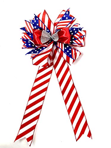 Patriotic Christmas Wreath Bow Red White Blue Door Welcome Bow Stars and Stripes Decor