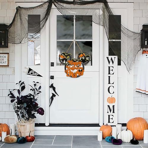 Halloween Mouse Door Sign Decor Spooky Wooden Sign with Black Cat and Bat Design