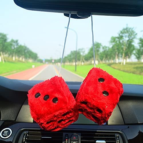 Pair 3 Inch Black with White Dots Mirror Fuzzy Dice