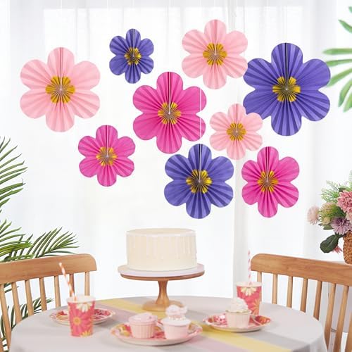 9 PCS Pink Purple Hanging Paper Fans for Decor