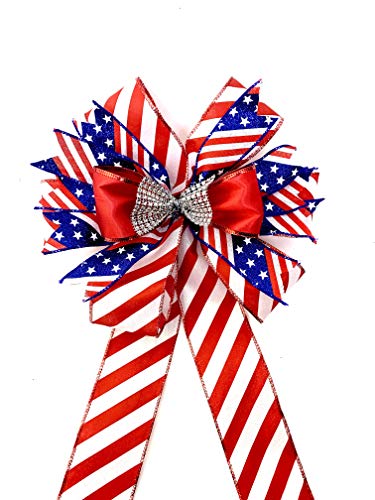 Patriotic Christmas Wreath Bow Red White Blue Door Welcome Bow Stars and Stripes Decor