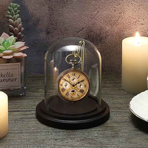 JUXYES Clear Watch Display Dome Cloche With Hook and Wooden Base