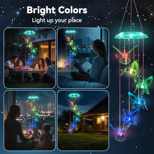 Diamond Cut Hummingbird Solar Wind Chime for Garden 28 Green Light