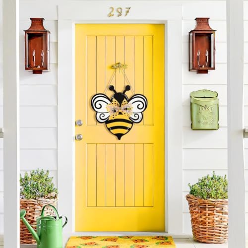 Bee Wooden Wreath Front Door Welcome Sign with Bow Ribbon