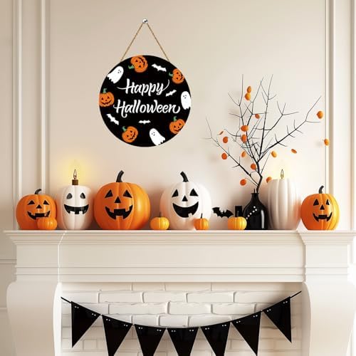 Cute Halloween Wreath with Ghosts Pumpkins Bats Hanging Sign
