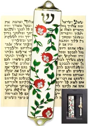Exquisite Enamel Mezuzah with Pomegranate Scroll and Crystal Accent