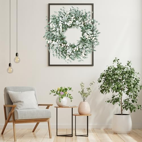 Sggvecsy Artificial Greenery Wreath with White Berries - 22 Inch Flocked Lambs Ear Wall Decor