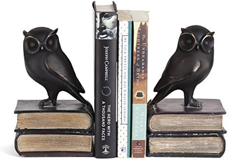 Danya B Owl Bookends Decorative Rustic Bookshelf Decor - Owls Bookend Set for Heavy Books - Bronze Finish