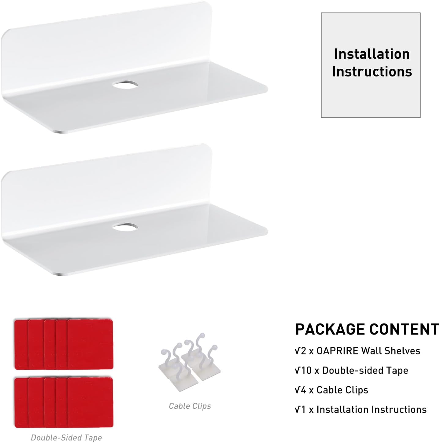 OAPRIRE White Floating Shelves Set of 2 - Wall Mount with Cable Clips