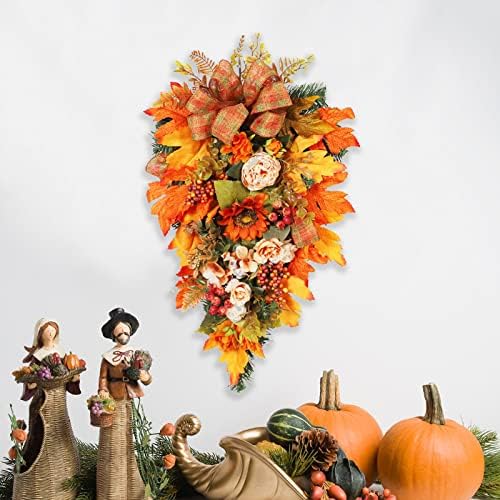 Harvest Teardrop Swag with Peonies and Maple Leaves