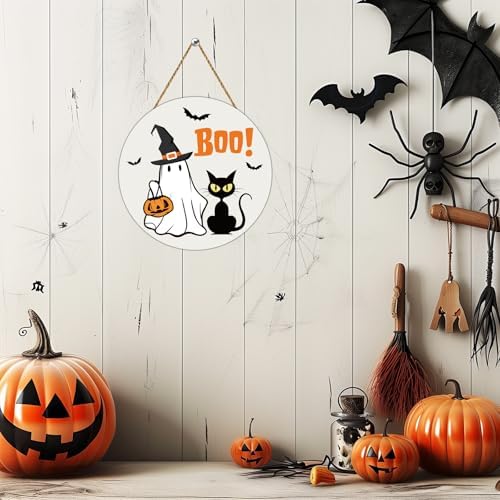 Halloween Door Wreath Cute Ghost Black Cat Front Door Decor