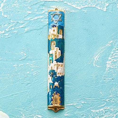 Matashi Jerusalem Cityscape Mezuzah with Gold Accents and Star of David Crystals