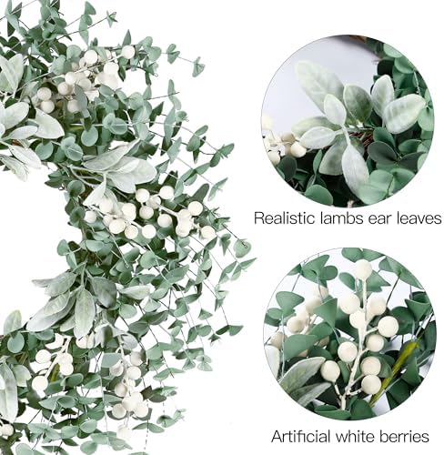 Sggvecsy Artificial Greenery Wreath with White Berries - 22 Inch Flocked Lambs Ear Wall Decor