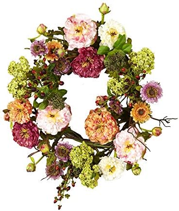 Nearly Natural 24 Inch Peony Wreath Mixed Colors