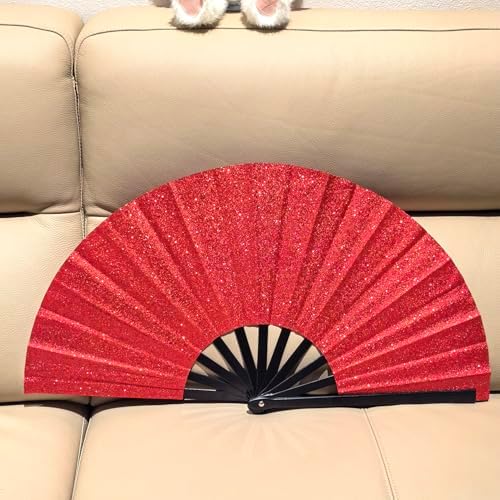 Large Folding Fan with Glitter 13 Inch Heavy Duty Plastic Fan