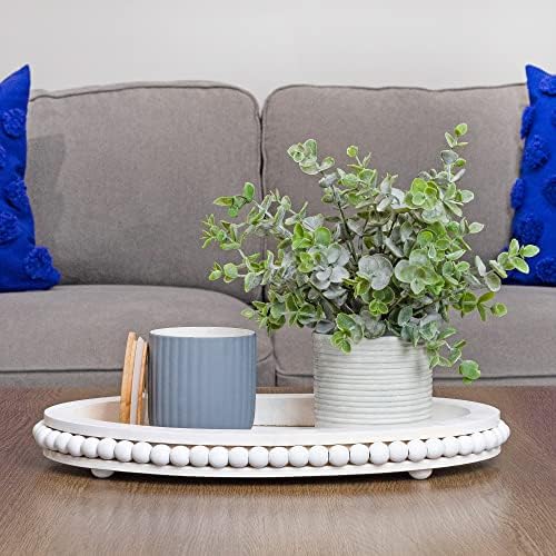 AuldHome Wood Beaded Tray White Decorative Oval