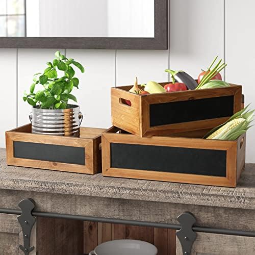 Set of 3 Rustic Wood Storage Crates with Chalkboard Handles