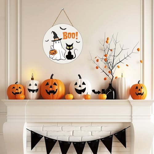 Halloween Door Wreath Cute Ghost Black Cat Front Door Decor