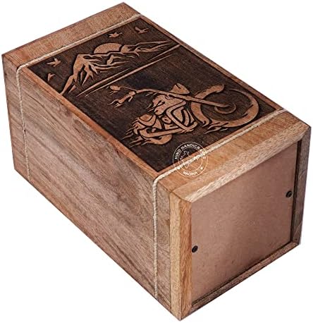 Biker Wooden Urn with Mountain Rising Sun Design - Handmade Hardwood Cremation Urn for Burial and Memorial