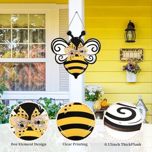 Bee Wooden Wreath Front Door Welcome Sign with Bow Ribbon