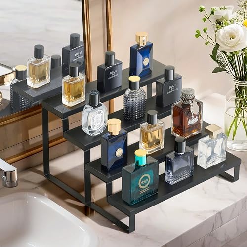 Wooden Display Riser Stand 4 Tier Cologne and Perfume Organizer Black